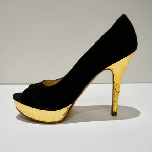 Enzo Angiolini Peep Toe Platform Pumps - Black Suede & Gold - Size 7.5 - Picture 2 of 8